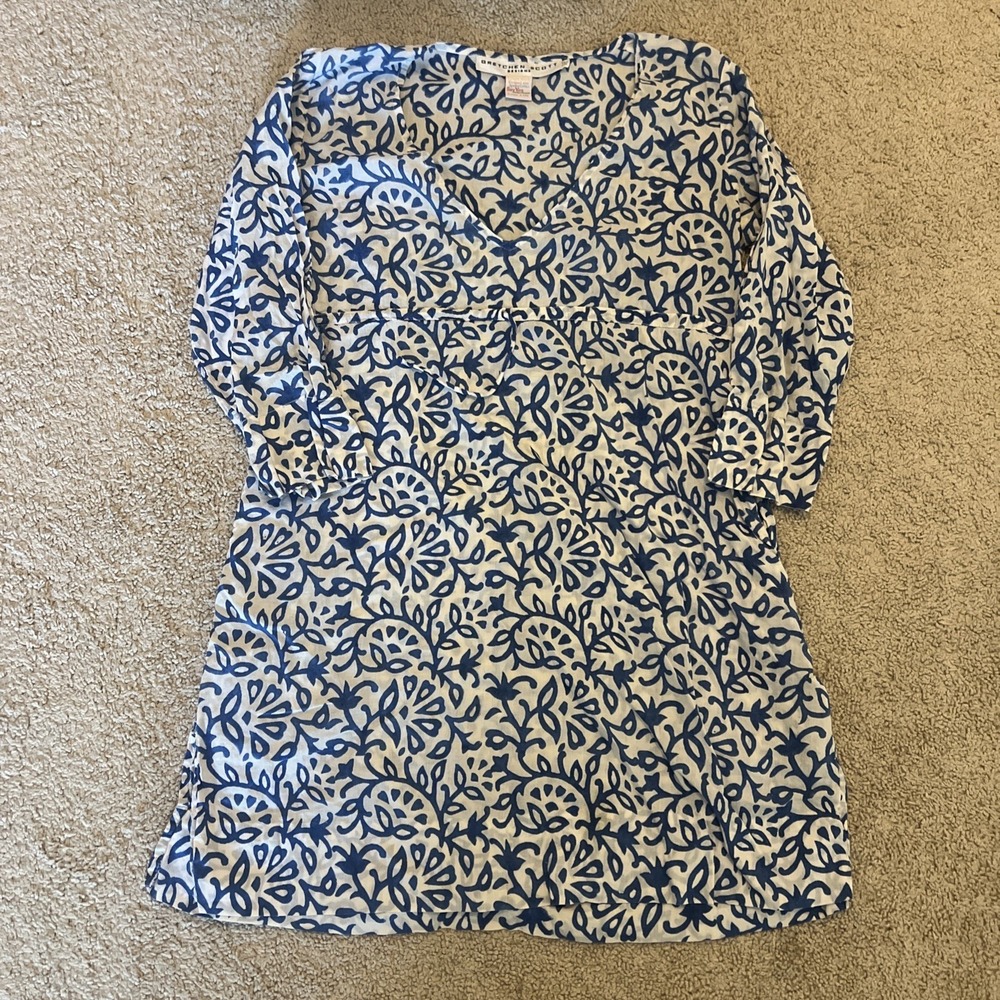 Gretchen Scott Blue White Paisley 100% Cotton Tunic DressSize XS Beach coverup